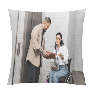 Personality  Inclusion, Asian Businessman Discussing Startup Plan With Disabled Woman Near Office Elevators Pillow Covers
