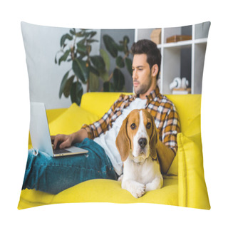 Personality  Selective Focus Of Beagle Dog And Man With Laptop In Living Room Pillow Covers
