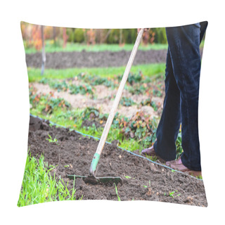 Personality  Woman Gardener Raking Soil. Preparing Vegetable Garden For Planting In Spring. Pillow Covers