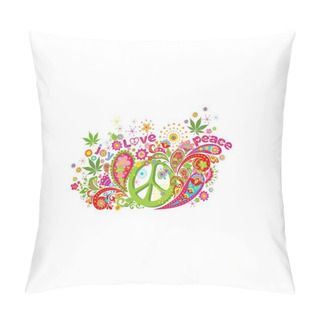 Personality  Fashion Psychedelic Colorful Print For T-shirt, Bag Design With Hippie Peace Symbol, Flower-power, Love, Peace And Joy Word, Paisley And Marijuana Leaves On White Background Pillow Covers