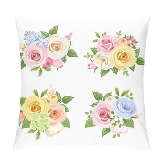 Personality  Set Of Bouquets Of Colorful Roses And Lisianthus Flowers. Vector Illustration. Pillow Covers