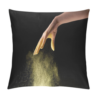 Personality  Cropped View Of Woman Dropping Yellow Holi Powder On Black Background Pillow Covers