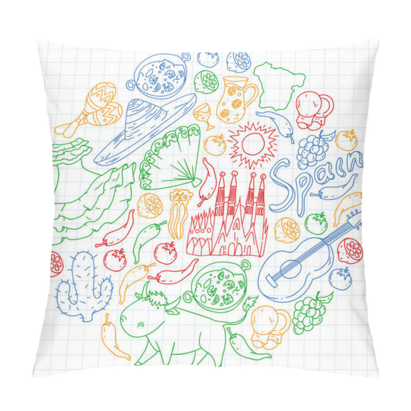Personality  Spain Vector Pattern. Spanish Traditional Symbols And Objects. Pillow Covers