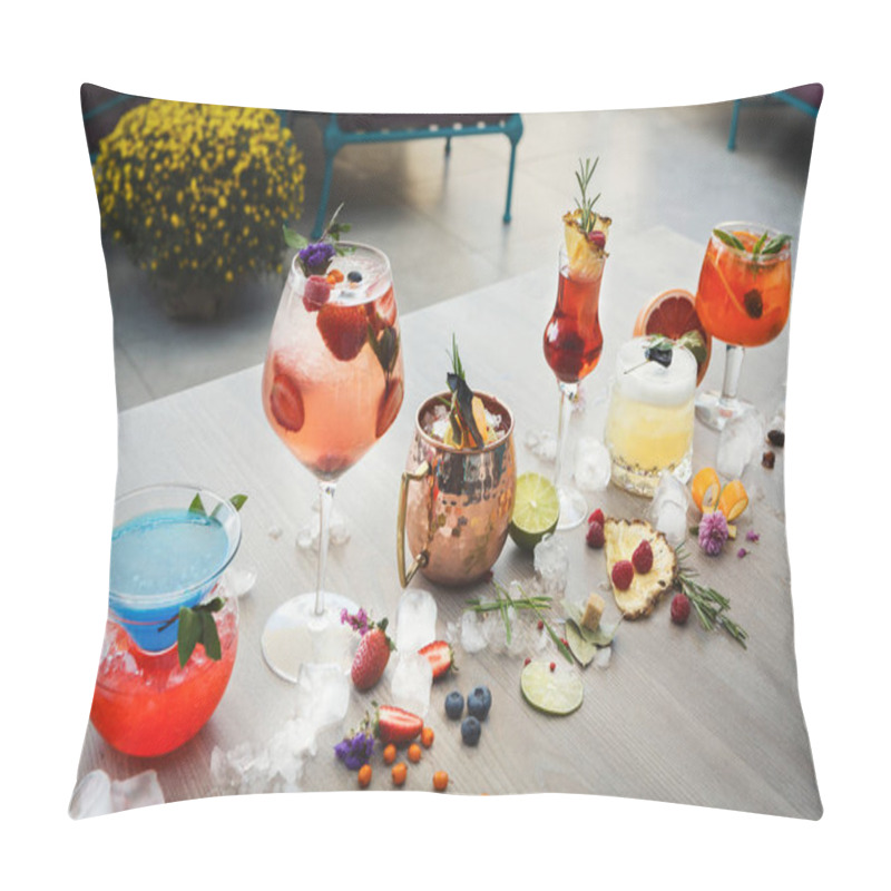 Personality  Variety of alcohol cocktails on gray table pillow covers