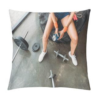 Personality  Partial View Of Sportswoman In Wristbands Sitting With Bottle Of Water And Jump Rope On Training Tire At Gym Pillow Covers