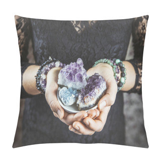Personality  Healer Woman Holding Different Crystal Clusters( Amethyst, Celestite) In Palms Hands. Close Up View, Using Working With Crystals Concept. Pillow Covers