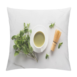 Personality  Top View Of Green Matcha Tea, Whisk And Mint On White Table Pillow Covers