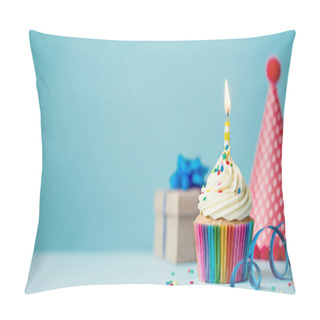 Personality  Birthday Party Background With Cupcake, Party Hat And Present Pillow Covers