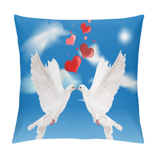 Personality  White Doves And Red Hearts In Blue Sky Pillow Covers