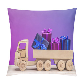 Personality  Wooden Toy Car With Gifts. Boxes In Holiday Packaging, Holiday Concept. Pillow Covers
