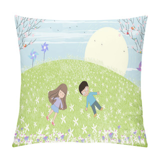 Personality  Spring Landscape With Boy And Girl Lying On Green Field On Sunny Day,Vector Cartoon Happy Children Relaxing And Having Fun Outdoor On Spring Or Summer In Countryside With Blue Sky And Clouds Pillow Covers