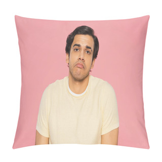 Personality  Confused Man Showing Shrug Gesture Isolated On Pink Pillow Covers