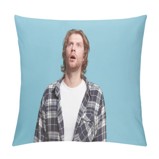 Personality  The Young Attractive Man Looking Suprised Isolated On Blue Pillow Covers