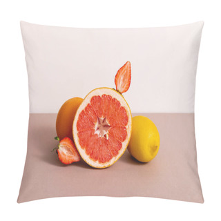 Personality  Fruit Composition With Citrus Fruits And Strawberry Isolated On Beige Pillow Covers