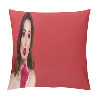 Personality  Portrait Of Young Woman With Magenta Color Eye Makeup Sending Air Kiss Isolated On Pink, Banner  Pillow Covers