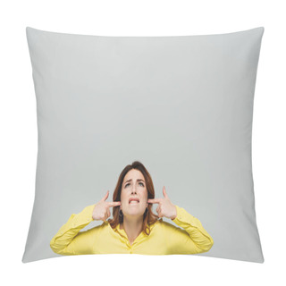 Personality  Dissatisfied Woman Looking Up While Plugging Ears On Grey Pillow Covers