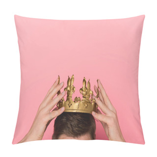 Personality  Cropped View Of Man Wearing Crown On Pink Background   Pillow Covers