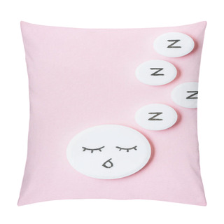 Personality  Top View Of Sleeping Pills With Drawn Face And Z Signs On Pink Pillow Covers