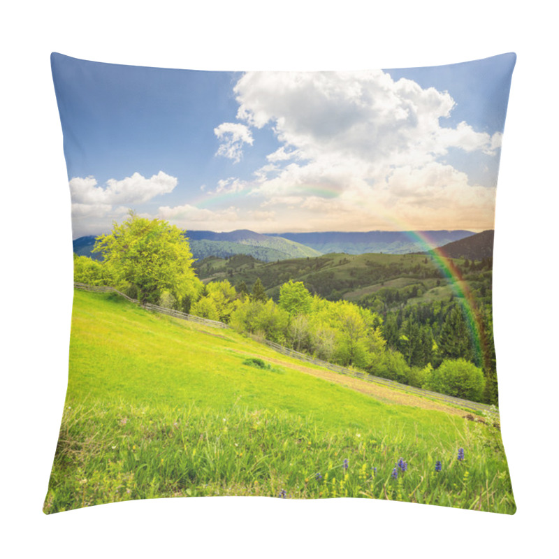 Personality  fence on hillside meadow in mountain at sunrise pillow covers