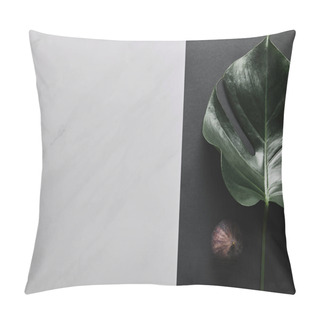 Personality  Black Paper With Monstera Leaf And Fig Fruit On White Marble Background Pillow Covers