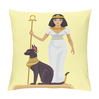 Personality  Cleopatra And Black Cat. Vector Flat Illustration Pillow Covers