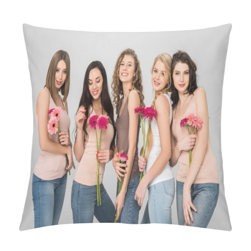 Personality  Happy Young Women Holding Pink Flowers And Standing Isolated On Grey Pillow Covers