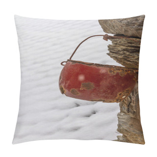 Personality  An Old And Worn Iron Pot Hangs From A Rural House On A Snowy Day Pillow Covers