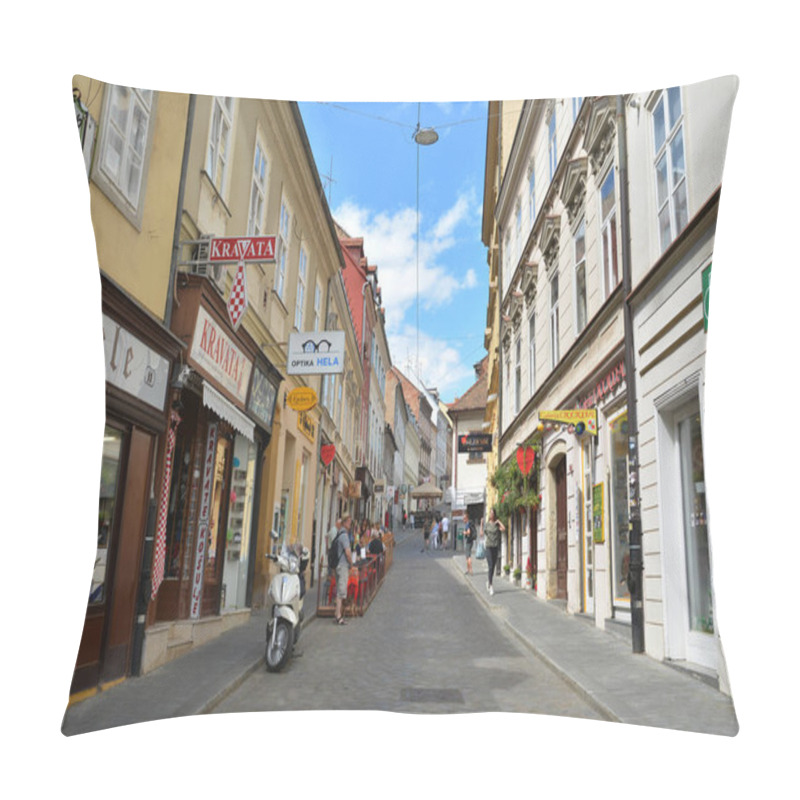 Personality   ZAGREB, CROATIA - JULY 15, 2017. Radiceva Street view in Old town of Zagreb, Croatia. pillow covers