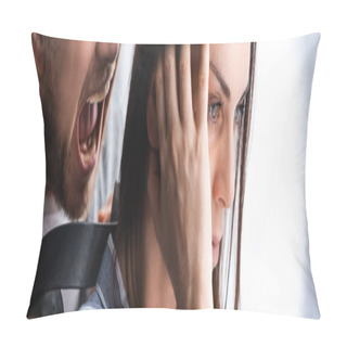 Personality  Angry Man With Waist Belt Screaming Near Upset Wife At Home, Banner  Pillow Covers