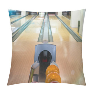 Personality  View On Two Empty Lanes Tracks At Bowling Entertainment Club And A Stand With Balls. Ready For Competition Or Championship Pillow Covers