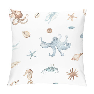 Personality  Watercolor Seamless Pattern With Sea Reptiles, Squid, Octopus, Crab, Jellyfish, Shells, Sea Stars Pillow Covers