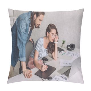 Personality  Illustrator Looking At Laptop Near Coworker In Glasses And Sketches  Pillow Covers