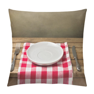 Personality  Empty Plate On Wooden Table Over Grunge Background Pillow Covers