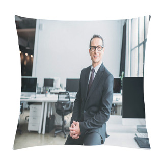 Personality  Smiling Businessman In Eyeglasses Sitting On Table In Office  Pillow Covers