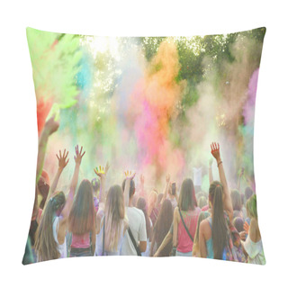Personality  Holi Festival Of Color. Holi Colorful Festival Of Colored Paints Of Powders And Dust. People Covered With Colored Powder Rejoice Celebrate And Dance Pillow Covers