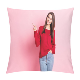 Personality  Photo Of Lovely Girl Hand Pocket Indicate Forefinger Look Empty Space Wear Red Sweater Jeans Isolated Pink Color Background Pillow Covers
