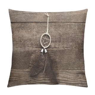Personality  Top View Of Shamanic Dreamcatcher On Wooden Background Pillow Covers