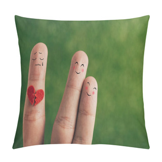 Personality  Cropped View Of Fingers As Happy Couple And Person With Broken Heart On Green Pillow Covers