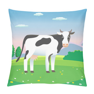Personality  Rural Landscape With Cow In Meadow, Vector - Background Illustration For Dairy Products Pillow Covers