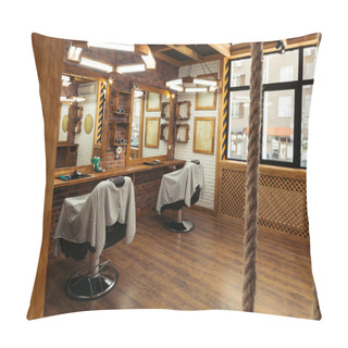 Personality  Empty Chairs And Mirrors In Modern Barbershop Interior Pillow Covers
