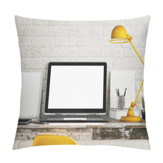 Personality  Laptop On Table, White Brick Wall Background Pillow Covers