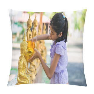 Personality  Water Festival. Asia Woman Wearing Thai Tradional Costume Buddha Bathing In Songkran Day Water Festival At Thailand. Pillow Covers
