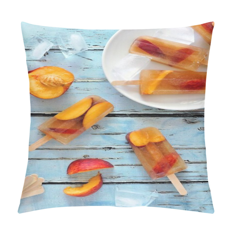 Personality  Peach Iced Tea Popsicles, Overhead Scene On Blue Wood Pillow Covers