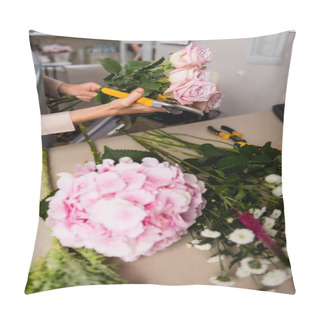 Personality  Cropped View Of Florist With Secateurs And Roses Standing Near Desk With Blurred Flowers On Foreground Pillow Covers
