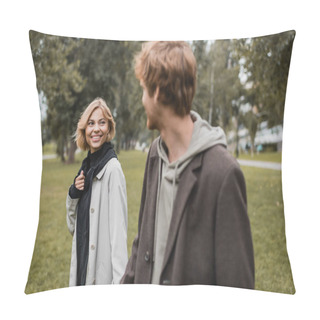 Personality  Pleased Young Woman In Coat Looking At Blurred Redhead Boyfriend In Autumnal Park Pillow Covers