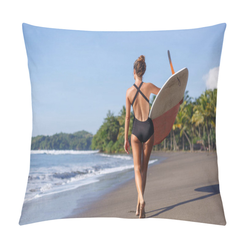 Personality  back view of young surfer walking with surfboard on beach pillow covers