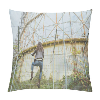 Personality  Beautiful Young Brunette Climbing Over A Fence Pillow Covers