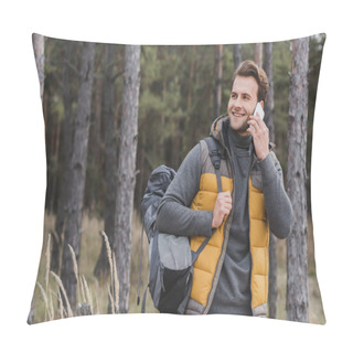 Personality  Cheerful Man In Autumn Outfit Talking On Mobile Phone While Hiking In Forest With Backpack Pillow Covers