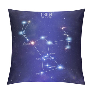 Personality  Orion The Hunter Constellation On A Starry Space Background With The Name Of Its Main Stars. Relative Sizes And Different Color Shades Based On The Spectral Star Type. Pillow Covers