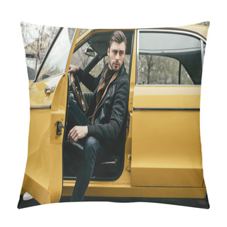 Personality  Handsome Stylish Young Man In Leather Jacket Sitting In Yellow Classic Car And Looking Away Pillow Covers